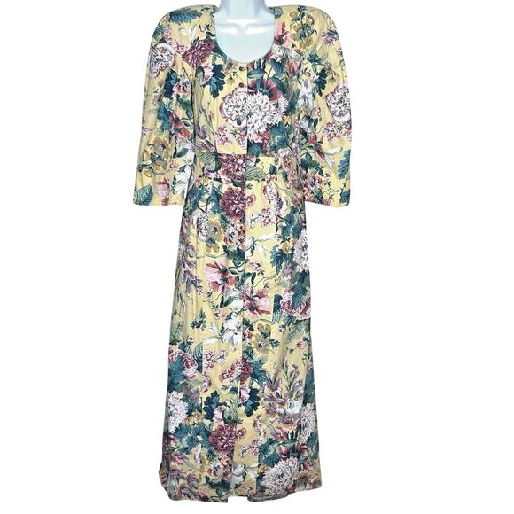 Vtg Karen Alexander Cottage Core Floral Dress Size 10 Yellow Midi Maxi 80s